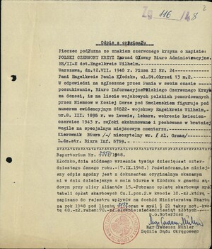 Odpis oryginału listu Polskiego Czerwonego Krzyża, potwierdzający identyfikację ciała Wilhelma Engelkreisa, ofiary katyńskiej
