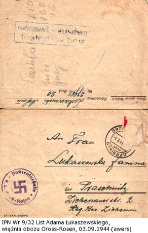 List Adama Łukaszewskiego,  więźnia obozu Gross – Rosen