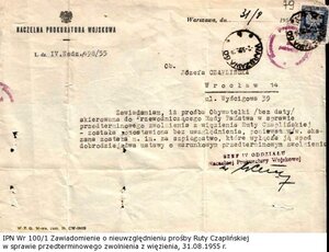 Zawiadomienie o nieuwzględnieniu prośby Ruty Czaplińskiej w sprawie przedterminowego zwolnienia z więzienia , 31.08.1955 r.