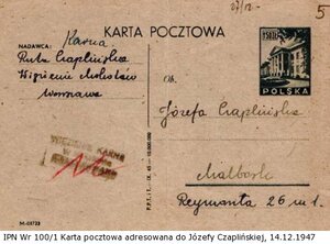 Kartka pocztowa adresowana do Józefy Czaplińskiej, 14.12.1947