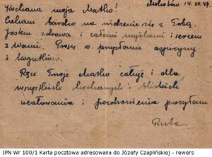Kartka pocztowa adresowana do Józefy Czaplińskiej, 14.12.1947