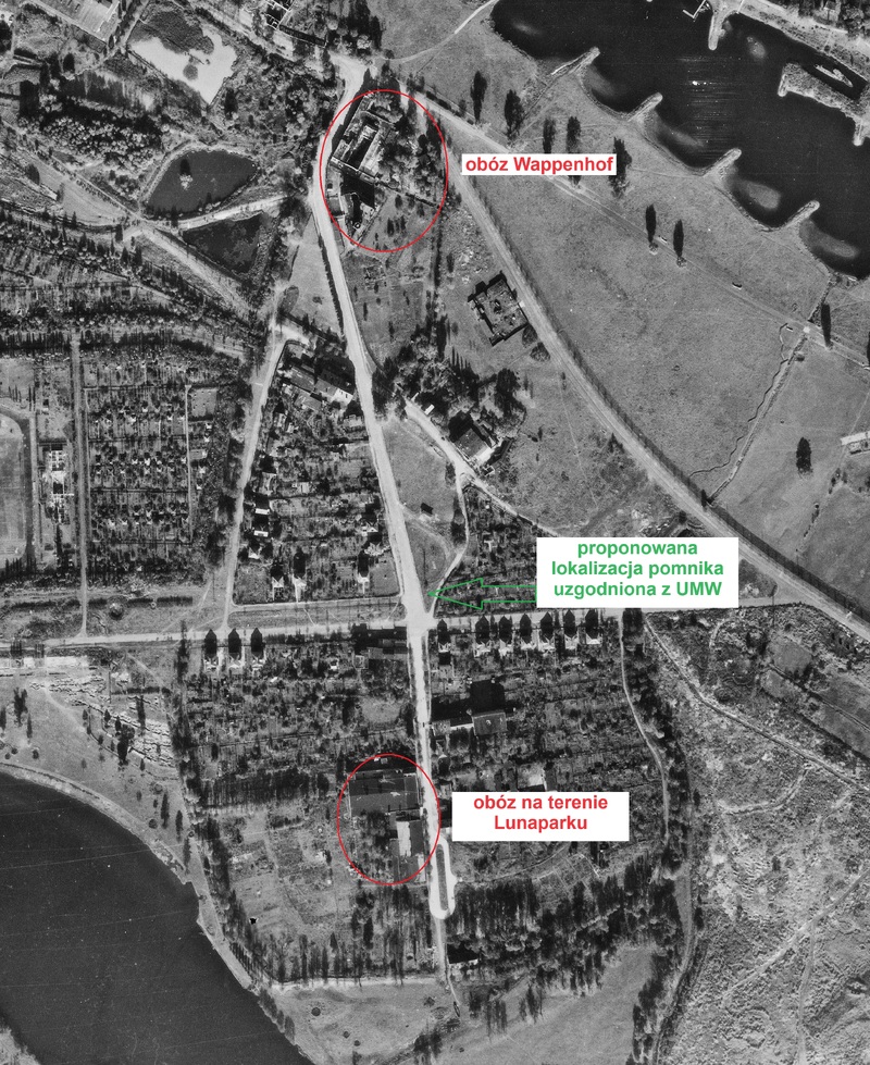 Osiedle Rakowiec na fotografii lotniczej z 1947 roku wraz z zaznaczoną lokalizacją dwóch niemieckich obozóz pracy oraz proponowanym miejscem ustawienia pomnika. Fot. WBH / orac. IPN Wrocław