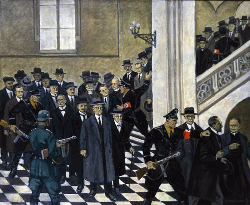 Obraz Mieczysława Wątorskiego przedstawiający wydarzenia z 6 listopada 1939 roku. Ze zbiorów Uniwersytetu Jagiellońskiego