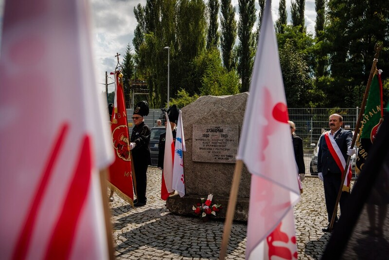 Na pierwszym planie plagi Polski, w tle pomnik Solidarności