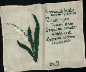 Życzenia imieninowe wyszywane na tkaninie w trakcie odbywania kary w więzieniu dla kobiet w Bydgoszczy