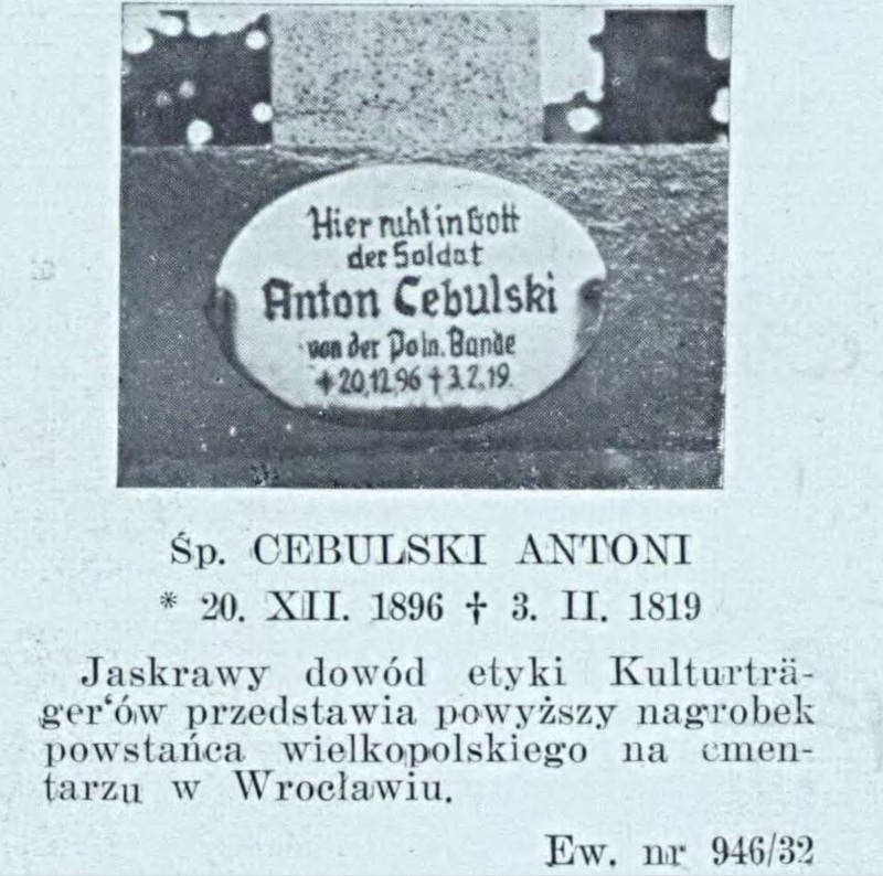 Fotografia nagrobka Antoniego Cebulskiego wykonana w latach 30. XX wieku. Za: Album Pamiątkowy Powstańców i Niepodległościowców Ziem Zachodnich RP, 1939 Nr 6 s. 176