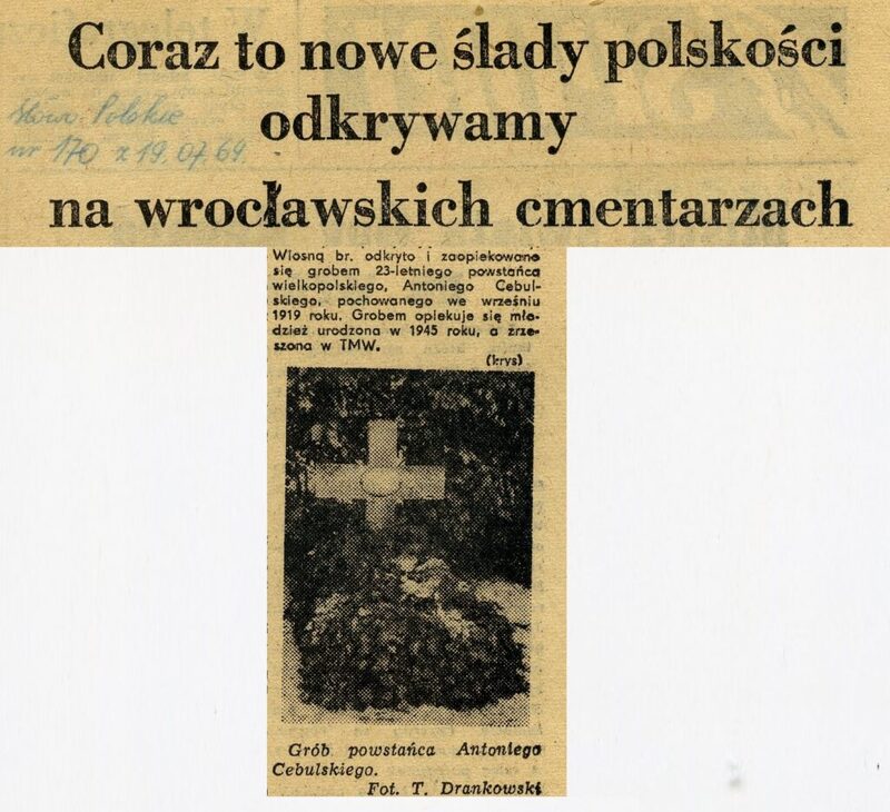 Fragment artykułu zamieszczonego w „Słowie Polskim” z 19 lipca 1969 roku. Tekst został zilustrowany fotografią grobu Antoniego Cebulskiego wykonaną przez Tadeusza Drankowskiego