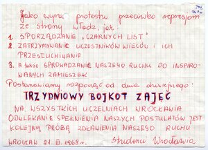 Ogłoszenie studentów dot. wprowadzenia trzydniowego bojkotu zajęć na wszystkich uczelniach Wrocławia z dn. 21 III 1968 r.