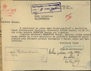 List Polskiego Czerwonego Krzyża do Sądu Grodzkiego we Wrocławiu, potwierdzający identyfikację ciała Henryka Nossowicza, ofiary katyńskiej