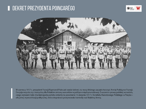 Grafika przedstawia oddział Armii Polskiej we Francji, stojący w szeregach na tle wojskowych baraków, oraz tekst, poświęcony okolicznościom utworzenia tej armii.