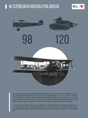 Grafika przedstawia samolot Salmson 2A2, sylwetki samolotu dwupłatowego i czołgu Renault FT oraz tekst, poświęcony kwestiom walorów Błękitnej Armii i jej włączenia do Wojska Polskiego.