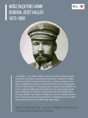 Grafika przedstawia Józefa Hallera z okresu służby w Legionach Polskich oraz tekst opisujący zasługi generała podczas wojny polsko-bolszewickiej.