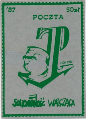 Znaczek Poczty Solidarności Walczącej wydane z okazji rocznic odzyskania przez Polskę niepodległości  (sygn. IPN Wr 363/4).