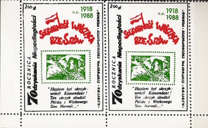 Znaczki Poczty Solidarności Walczącej wydane z okazji rocznic odzyskania przez Polskę niepodległości  (sygn. IPN Wr 363/4).