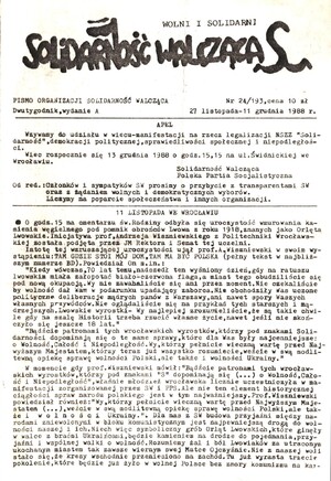Artykuł „11 listopada 1988 r we Wrocławiu” od redakcji na temat niezależnych obchodów rocznicy odzyskania niepodległości zorganizowanych we Wrocławiu (sygn. IPN Wr 665/339).