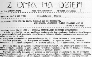 Pierwszy numer konspiracyjnego pisma „Z dnia na dzień”, Wrocław 14/15 grudnia 1981 r. (zbiory Marty Morawieckiej)