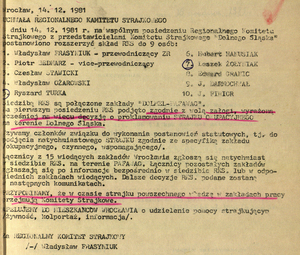 Uchwała Regionalnego Komitetu Strajkowego, Wrocław 14 grudnia 1981 r. (zbiory AIPN Wr 25/5 t. 1)