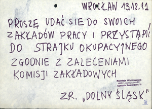 Ulotka – wezwanie do strajku, Wrocław 13 grudnia 1981 r. (zbiory AIPN Wr 290/5)