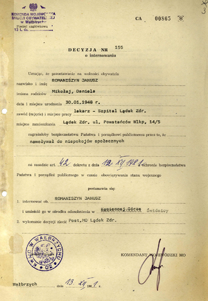 Decyzja o internowaniu Janusza Romaniszyna (1948-2022).