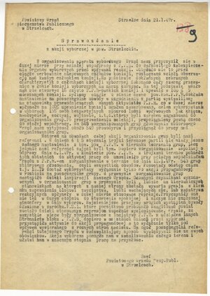 Sprawozdanie PUBP w Strzelcach z akcji wyborczej w powiecie strzeleckim zawierające informacje o stosowaniu represji wobec członków PSL, 21 I 1947