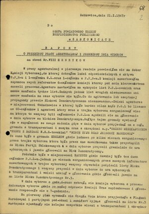 Raport o przebiegu pracy agenturalnej i przebiegu dnia wyborów na obwodzie nr VIII Henryków, 21 I 1947