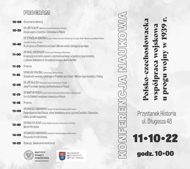 Konferencja Naukowa pt. „Polsko-czechosłowacka współpraca wojskowa u progu wojny w 1939 roku” – Wrocław, 11 października 2022: PROGRAM